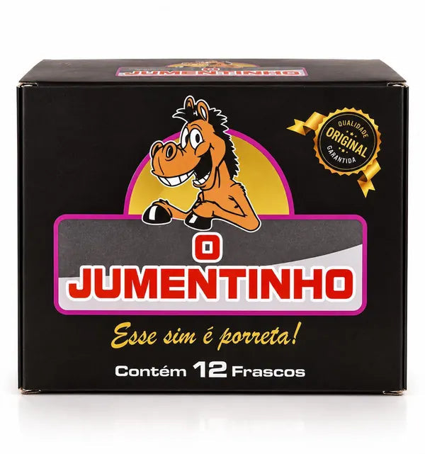 Caixa preta do Jumentinho vista de frente, com o mascote jumento sorrindo e a indicação Contém 12 frascos
