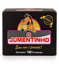 Caixa preta do Jumentinho vista de frente, com o mascote jumento sorrindo e a indicação Contém 12 frascos