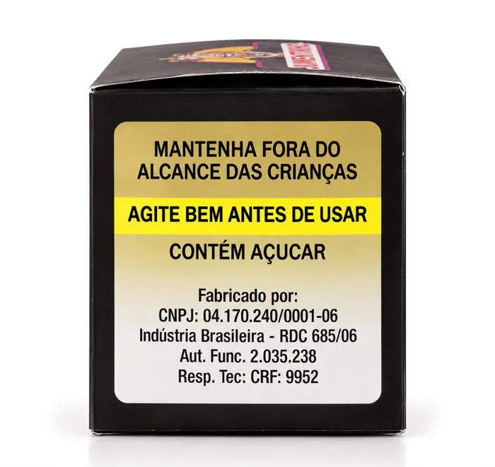 Face lateral da embalagem com os avisos legais e os dados do fabricante